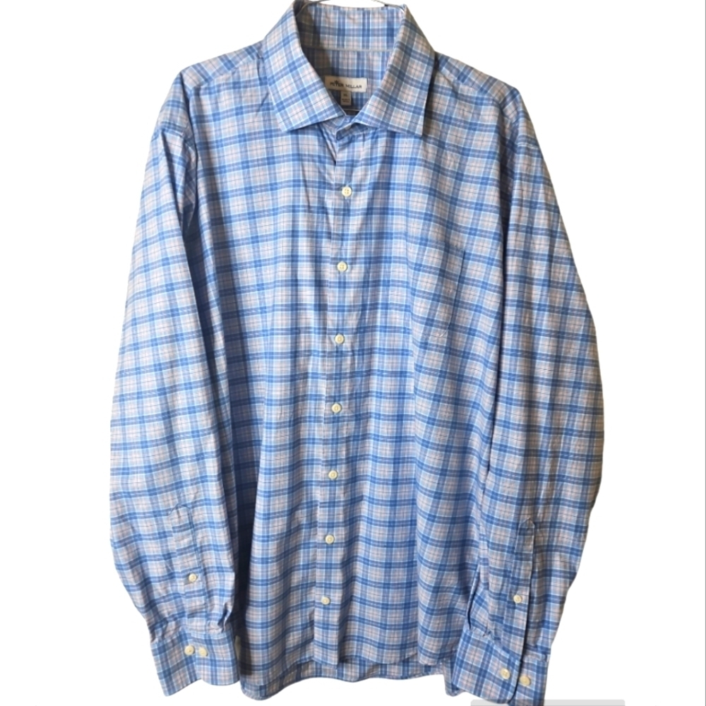 Peter Millar Men's Long Sleeve Blue Plaid Button Down Shirt Size XL